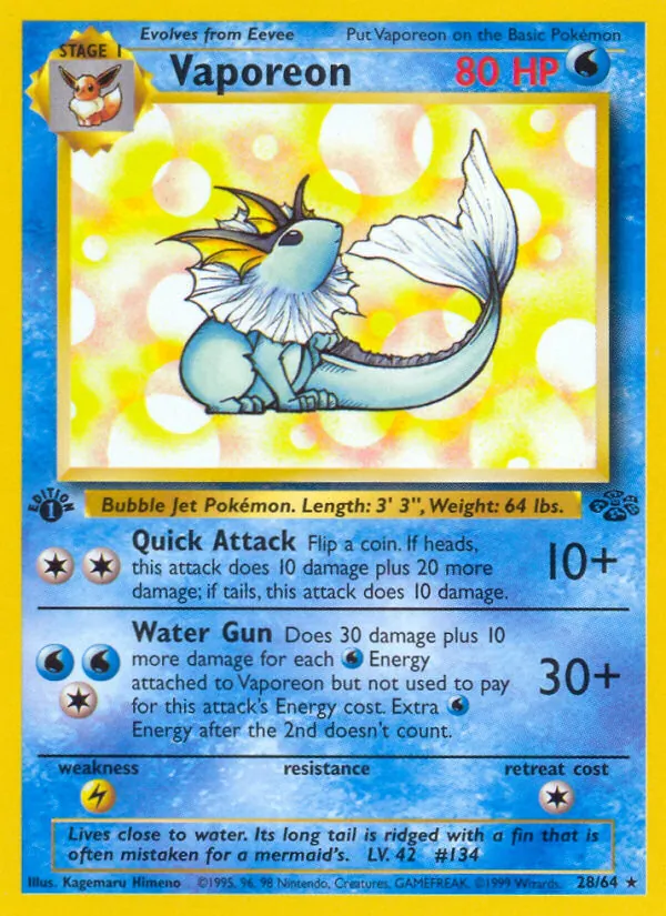 Carta Vaporeon, número 28/64 da coleção Selva