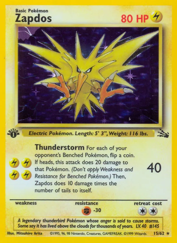 Carta Zapdos, número 15/62 da coleção Fóssil