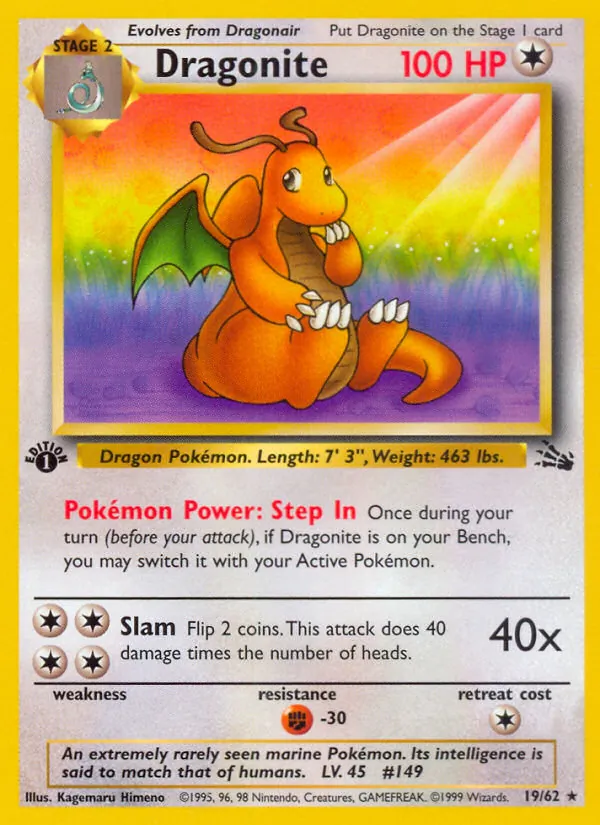 Carta Dragonite, número 19/62 da coleção Fóssil