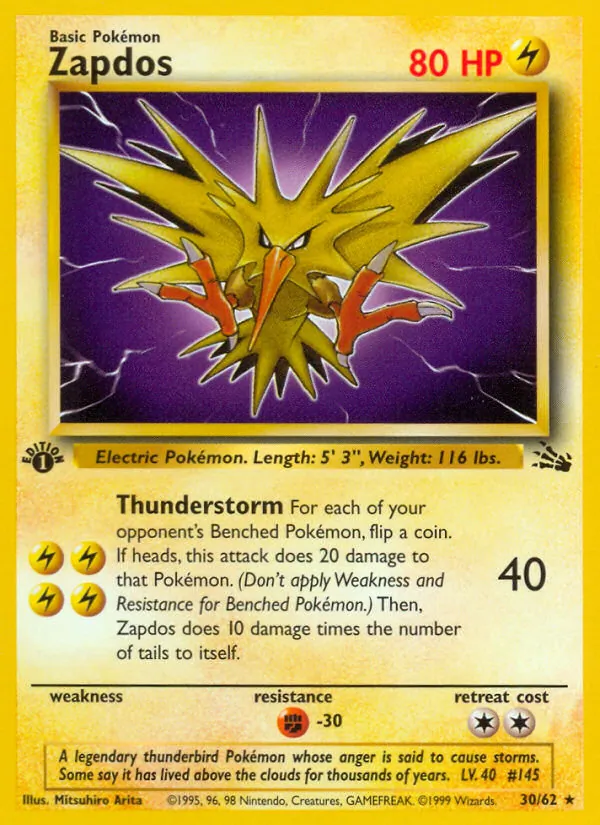 Carta Zapdos, número 30/62 da coleção Fóssil