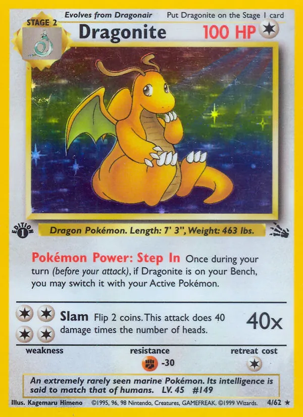 Carta Dragonite, número 4/62 da coleção Fóssil