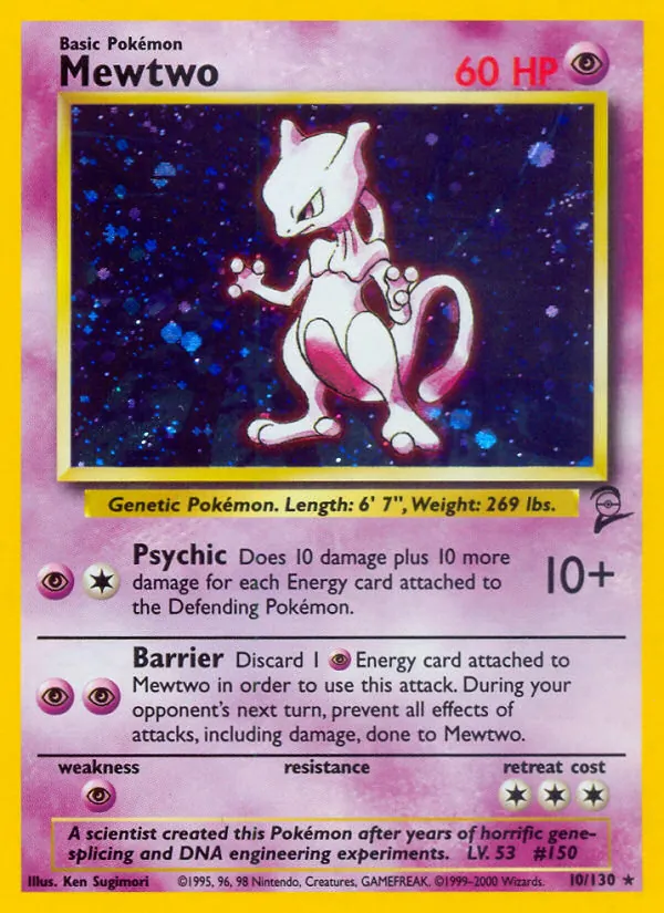 Carta Mewtwo, número 10/130 da coleção Base Set 2