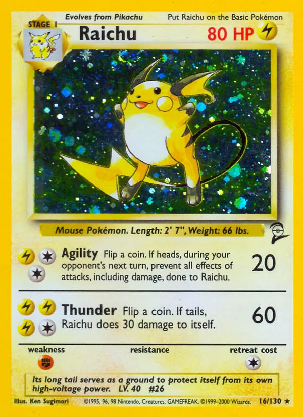 Carta Raichu, número 16/130 da coleção Base Set 2