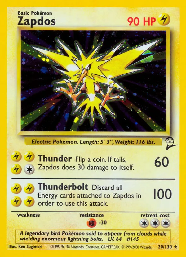 Carta Zapdos, número 20/130 da coleção Base Set 2