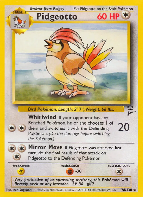 Carta Pidgeotto, número 28/130 da coleção Base Set 2