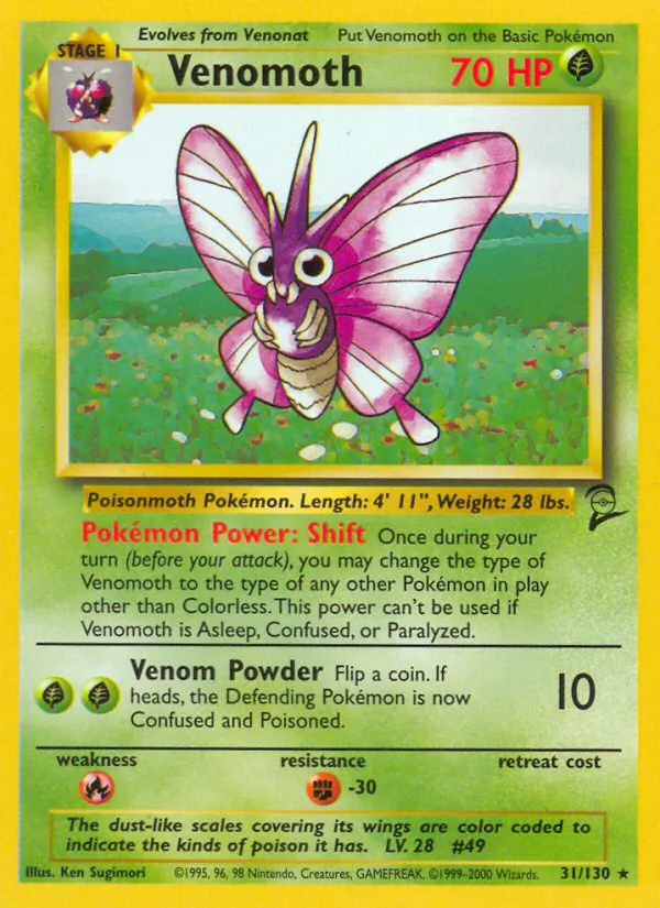 Carta Venomoth, número 31/130 da coleção Base Set 2