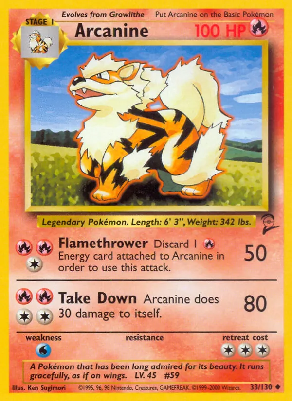 Carta Arcanine, número 33/130 da coleção Base Set 2