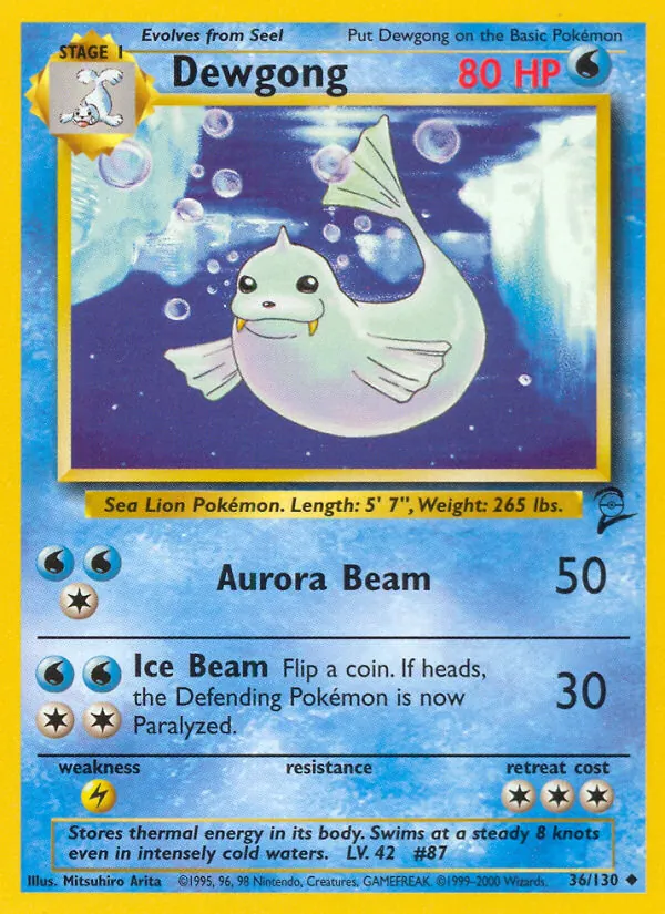 Carta Dewgong, número 36/130 da coleção Base Set 2