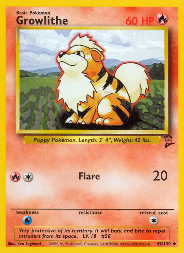 Carta Growlithe, número 42/130 da coleção Base Set 2