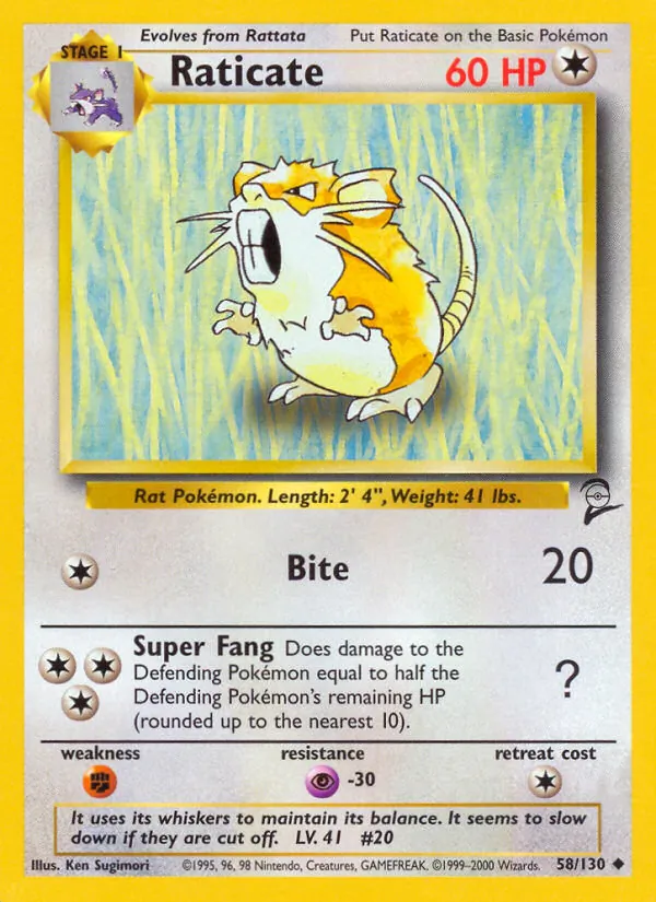 Carta Raticate, número 58/130 da coleção Base Set 2