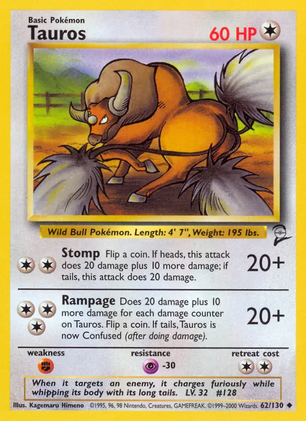 Carta Tauros, número 62/130 da coleção Base Set 2
