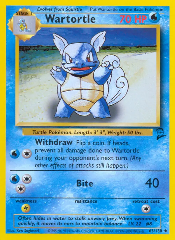 Carta Wartortle, número 63/130 da coleção Base Set 2