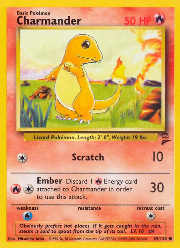 Carta Charmander, número 69/130 da coleção Base Set 2