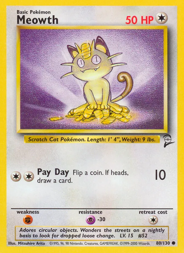 Carta Meowth, número 80/130 da coleção Base Set 2