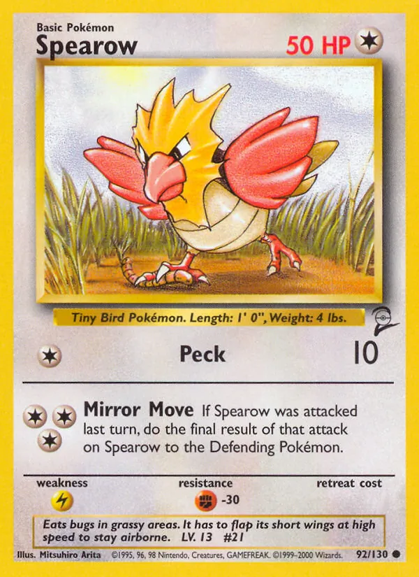 Carta Spearow, número 92/130 da coleção Base Set 2