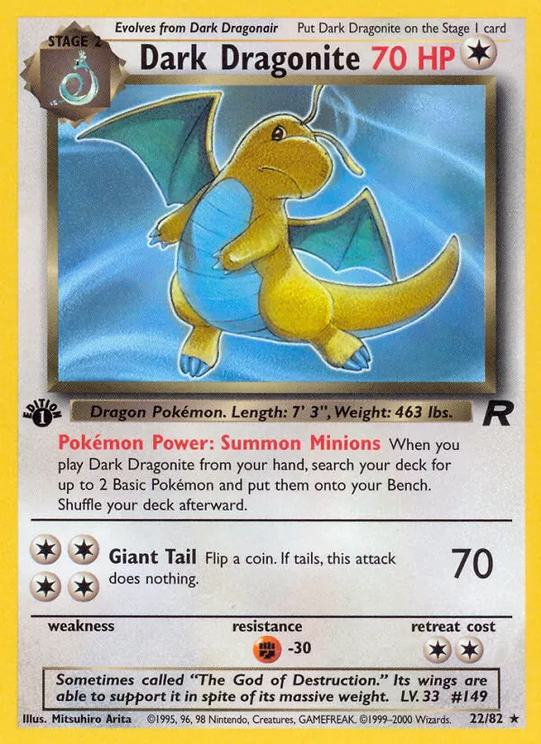 Carta Dark Dragonite, número 22/82 da coleção Team Rocket