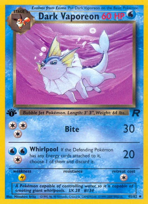 Carta Dark Vaporeon, número 45/82 da coleção Team Rocket