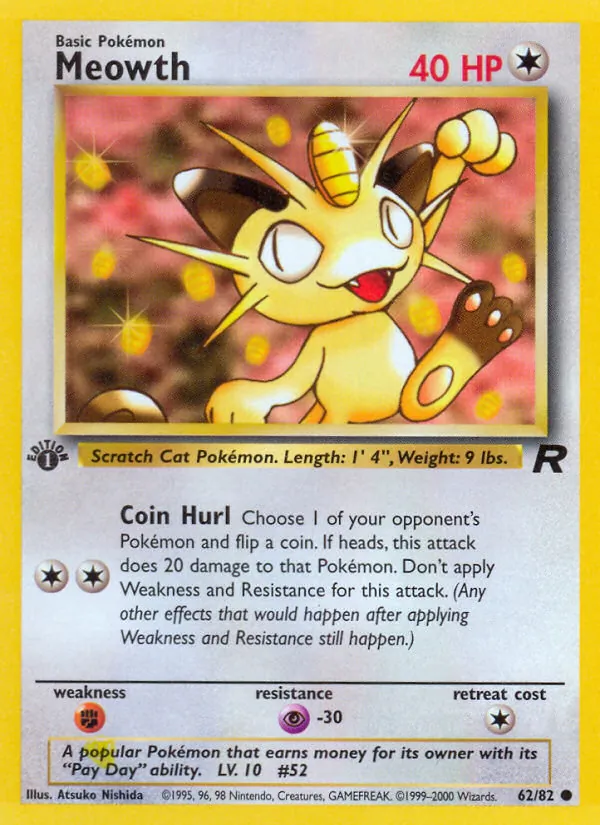 Carta Meowth, número 62/82 da coleção Team Rocket
