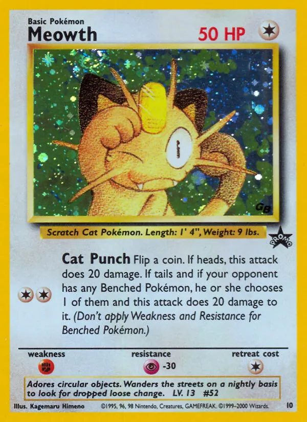 Carta Meowth, número 10/53 da coleção Wizards Black Star Promos