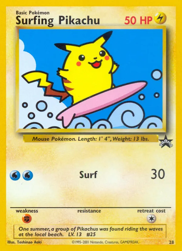 Carta Surfing Pikachu, número 28/53 da coleção Wizards Black Star Promos