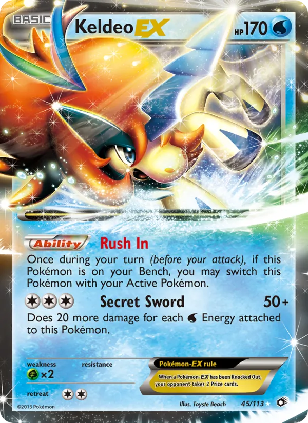 Carta Keldeo-EX, número 45/113 da coleção Tesouros Lendários