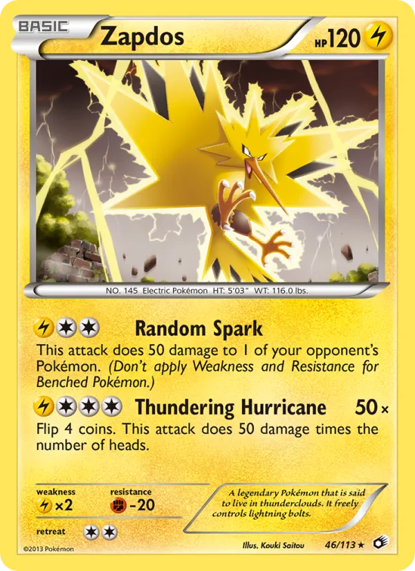 Carta Zapdos, número 46/113 da coleção Tesouros Lendários