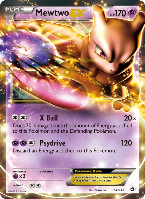 Carta Mewtwo-EX, número 54/113 da coleção Tesouros Lendários