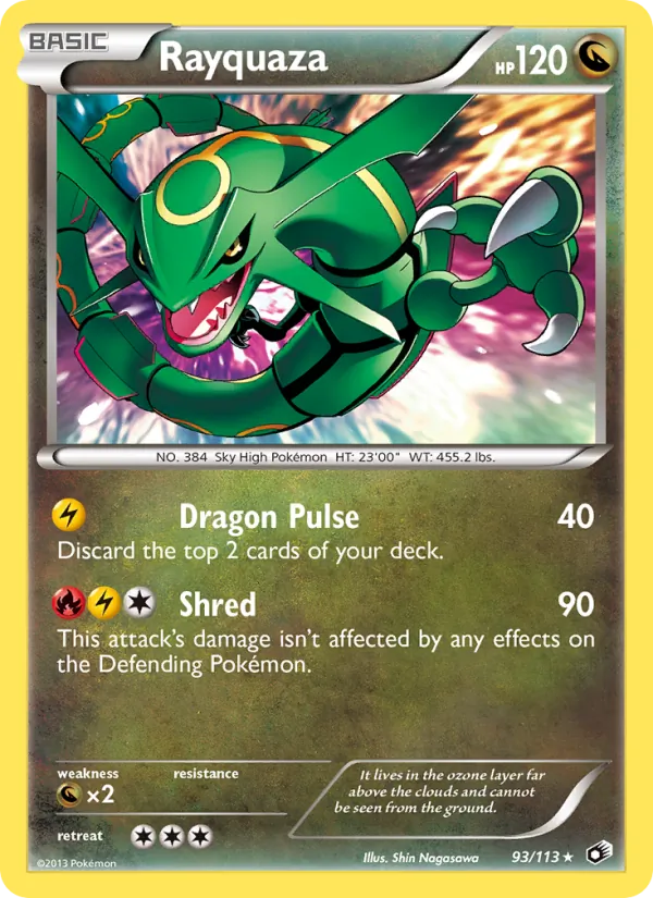 Carta Rayquaza, número 93/113 da coleção Tesouros Lendários