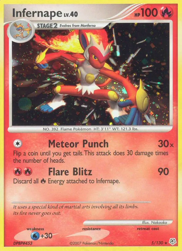 Carta Infernape, número 5/130 da coleção Diamante & Pérola
