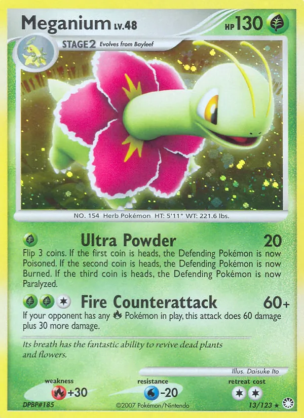 Carta Meganium, número 13/123 da coleção Tesouros Misteriosos