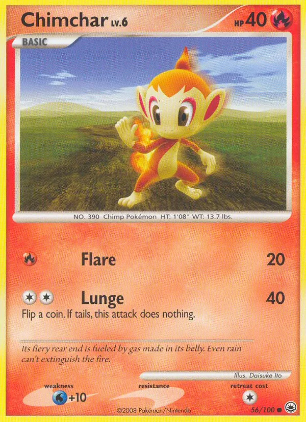 Carta Chimchar, número 56/100 da coleção Majestic Dawn