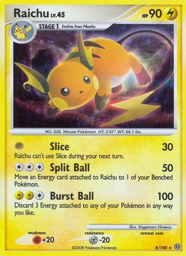 Carta Raichu, número 8/100 da coleção Stormfront
