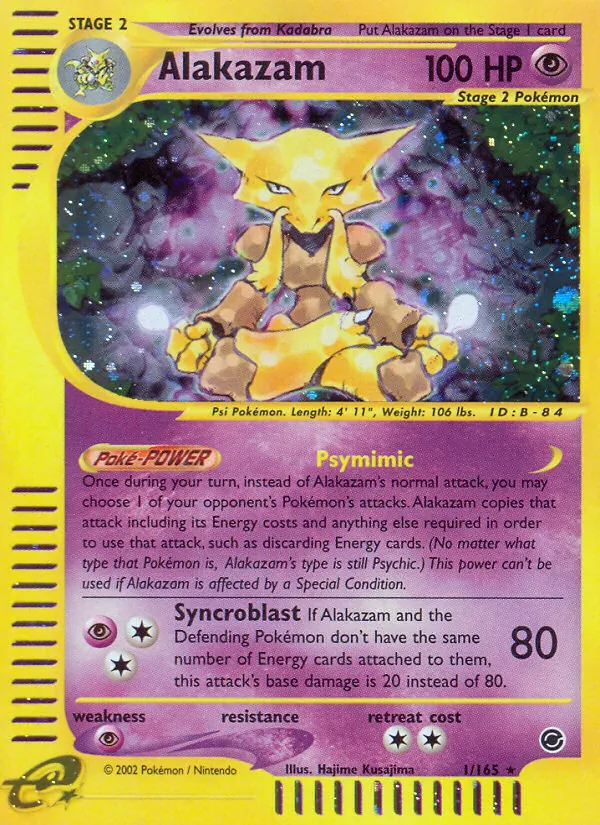Carta Alakazam, número 1/165 da coleção Expedition Base Set