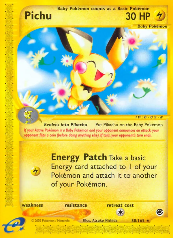 Carta Pichu, número 58/165 da coleção Expedition Base Set