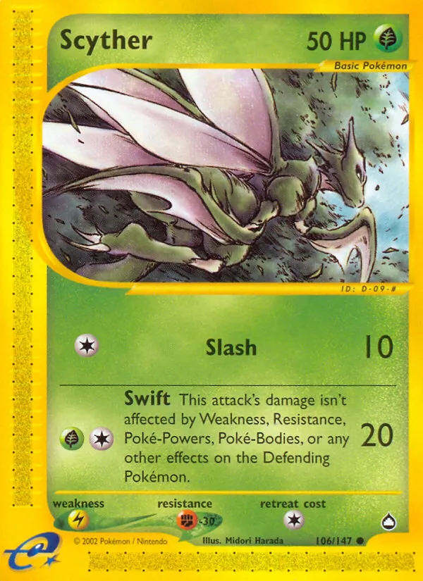 Carta Scyther, número 106/147 da coleção Aquapolis