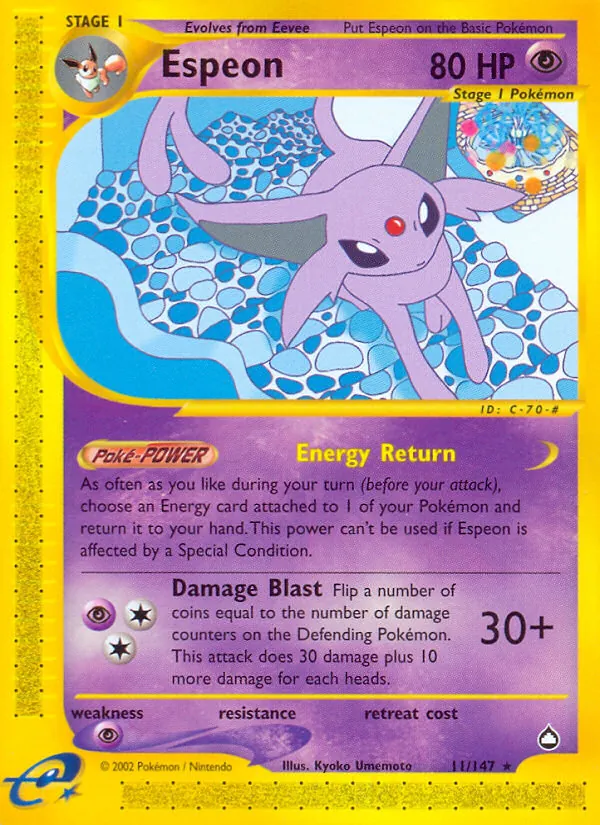 Carta Espeon, número 11/147 da coleção Aquapolis