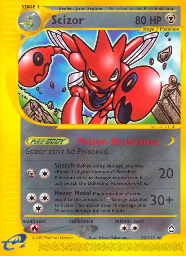 Carta Scizor, número 32/147 da coleção Aquapolis