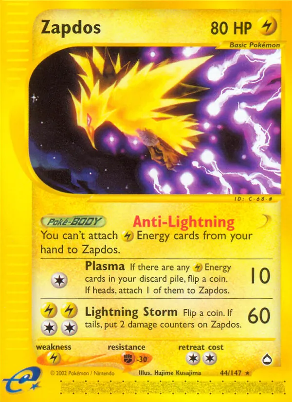 Carta Zapdos, número 44/147 da coleção Aquapolis