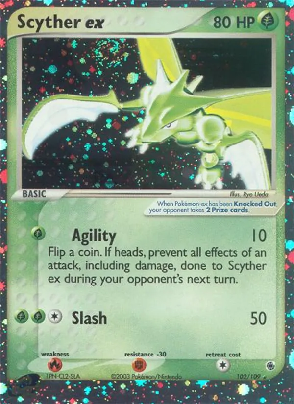 Carta Scyther ex, número 102/109 da coleção EX Rubi e Safira