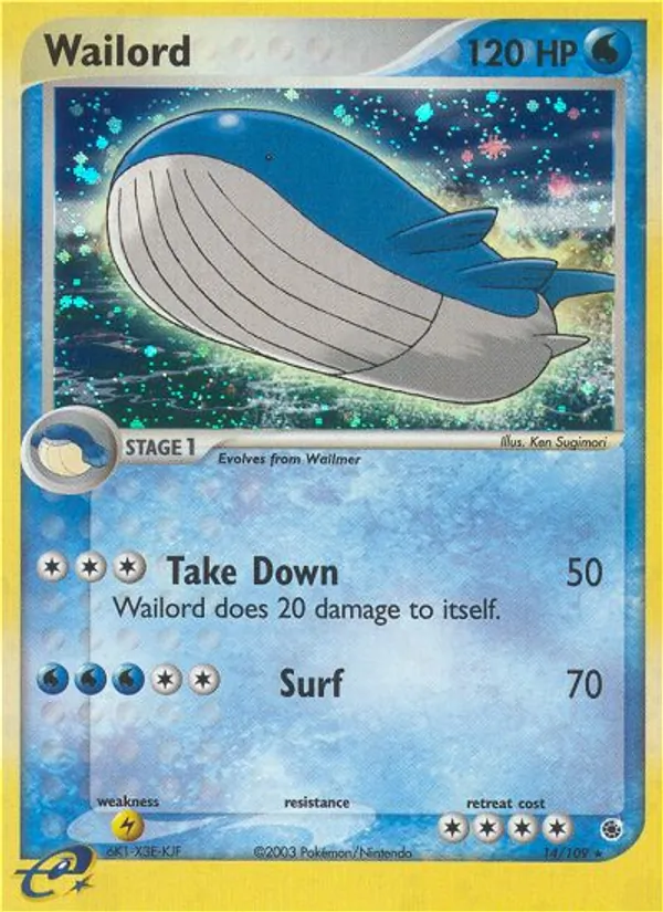 Carta Wailord, número 14/109 da coleção EX Rubi e Safira