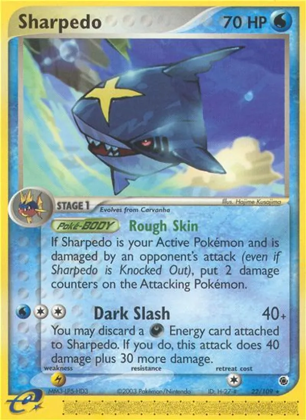 Carta Sharpedo, número 22/109 da coleção EX Rubi e Safira