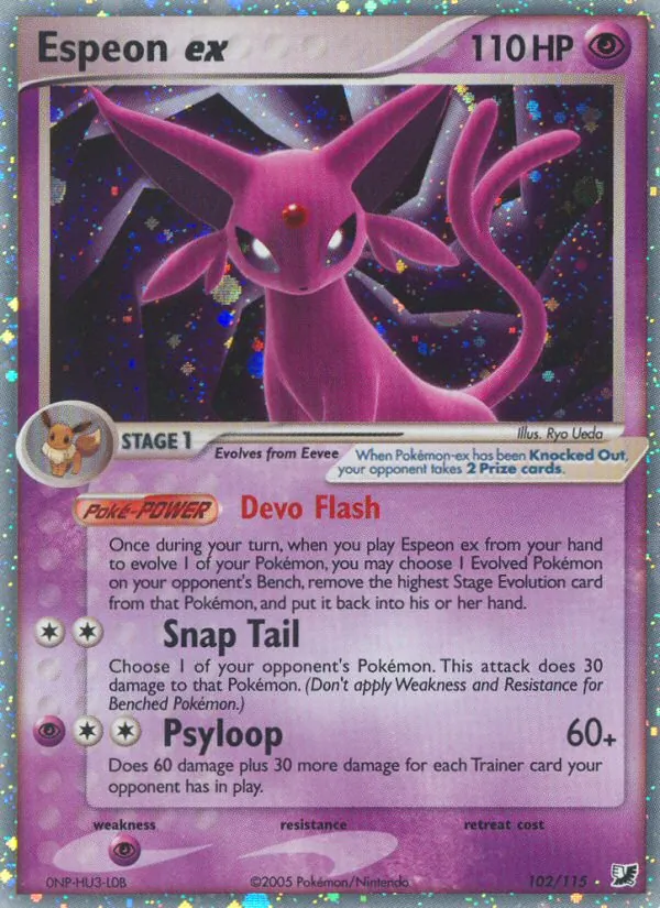 Carta Espeon ex, número 102/115 da coleção EX Forças Ocultas