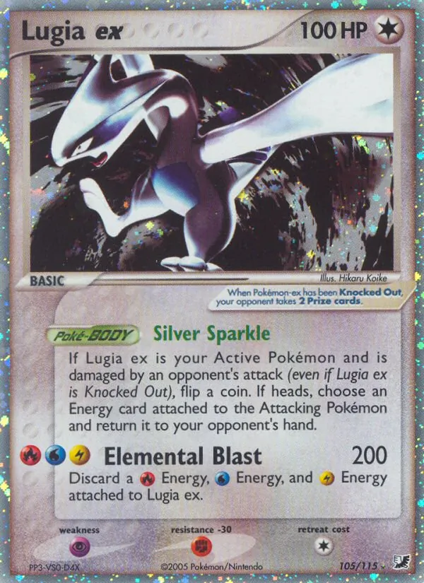 Carta Lugia ex, número 105/115 da coleção EX Forças Ocultas