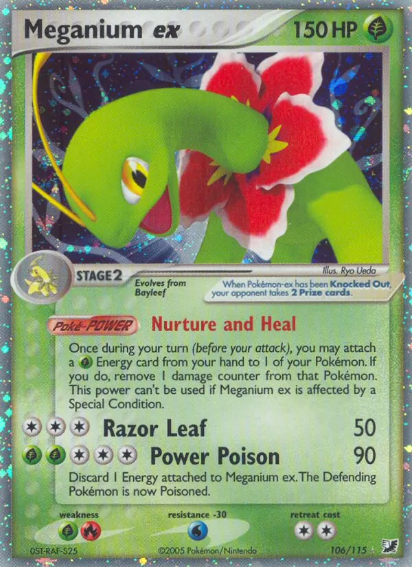 Carta Meganium ex, número 106/115 da coleção EX Forças Ocultas