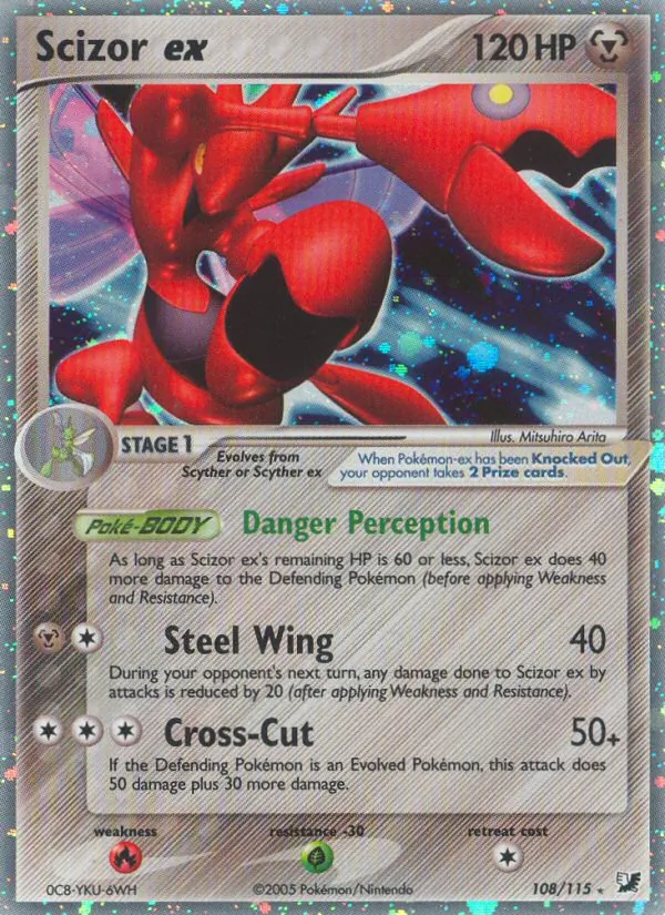 Carta Scizor ex, número 108/115 da coleção EX Forças Ocultas
