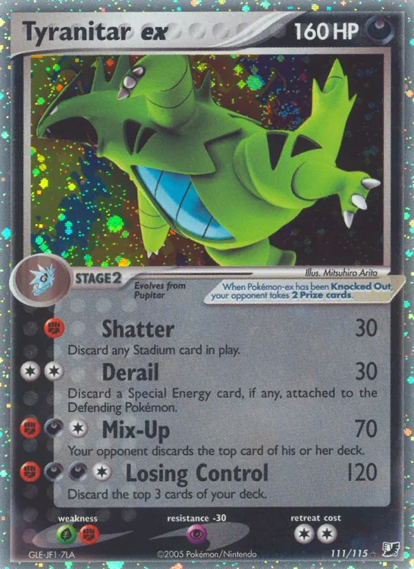 Carta Tyranitar ex, número 111/115 da coleção EX Forças Ocultas