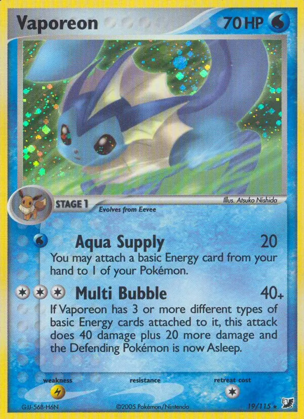 Carta Vaporeon, número 19/115 da coleção EX Forças Ocultas