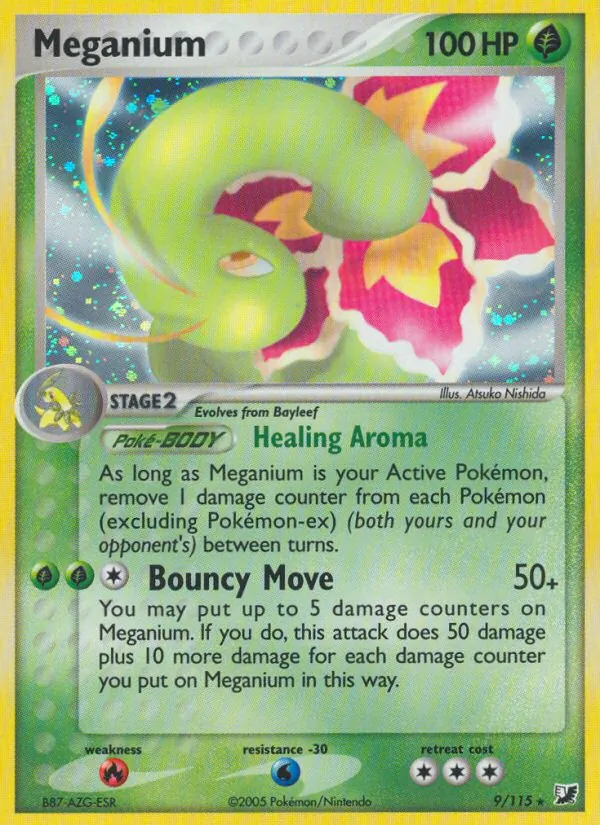 Carta Meganium, número 9/115 da coleção EX Forças Ocultas