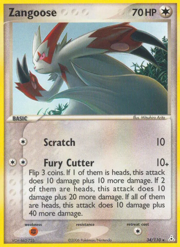 Carta Zangoose, número 34/110 da coleção Holon Phantoms