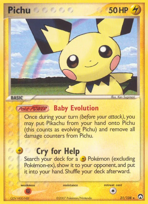 Carta Pichu, número 21/108 da coleção Power Keepers